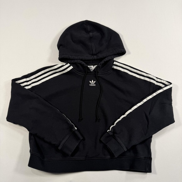 Adidas Originals Hoodie Womens Medium Black Pullover 3 Stripe Trefoil Cropped - Picture 5 of 6